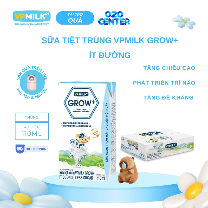 [Thùng 48 hộp 110ml] Sữa VPMIlk Grow+ ít đường, sữa công thức bổ sung dinh dưỡng MS1 0