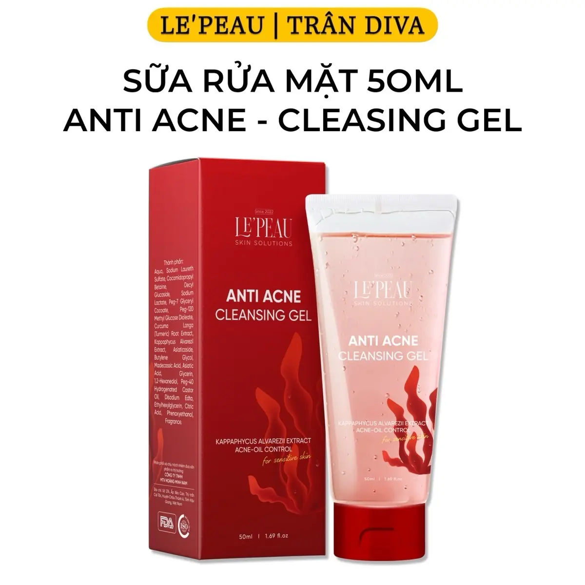 [Mã 7] Sữa Rửa Mặt Vi Tảo Đỏ Anti Acne Cleansing Gel - Dung Tích: 50ml - Thương Hiệu: LE’PEAU