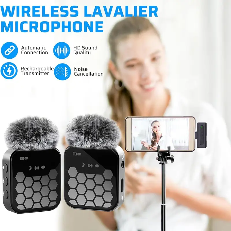 Wireless Lavalier Microphone, USB Rechargeable Wireless Microphone, Noise Reduction Microphone for Video Recording Interview Podcast Vlog, Audio 3