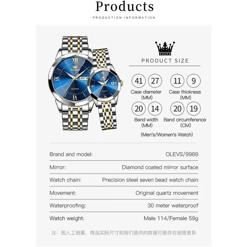 Brand OLEVS Watches for Couple Luxury Fashion His and Hers Stainless Steel Calendar Date 3ATM Waterproof Luminous Wrist Watch for Men Women Lovers Wedding Dating Romantic Gift Set of 2 5