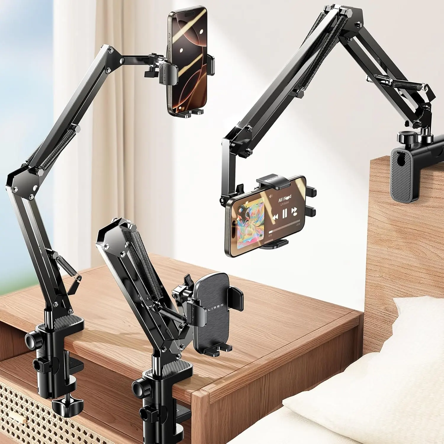 Gooseneck Phone Holder for Bed Desk Cell Phone Stand for Desk Bed iPhone Holder Laying Down,Three-Section Cantilever Flexible Arm Clamp Clip Phone Mount Stand for Filming Fits iPhone Adjustable Silicone Foldable Mechanical Metal Protection Steel hands