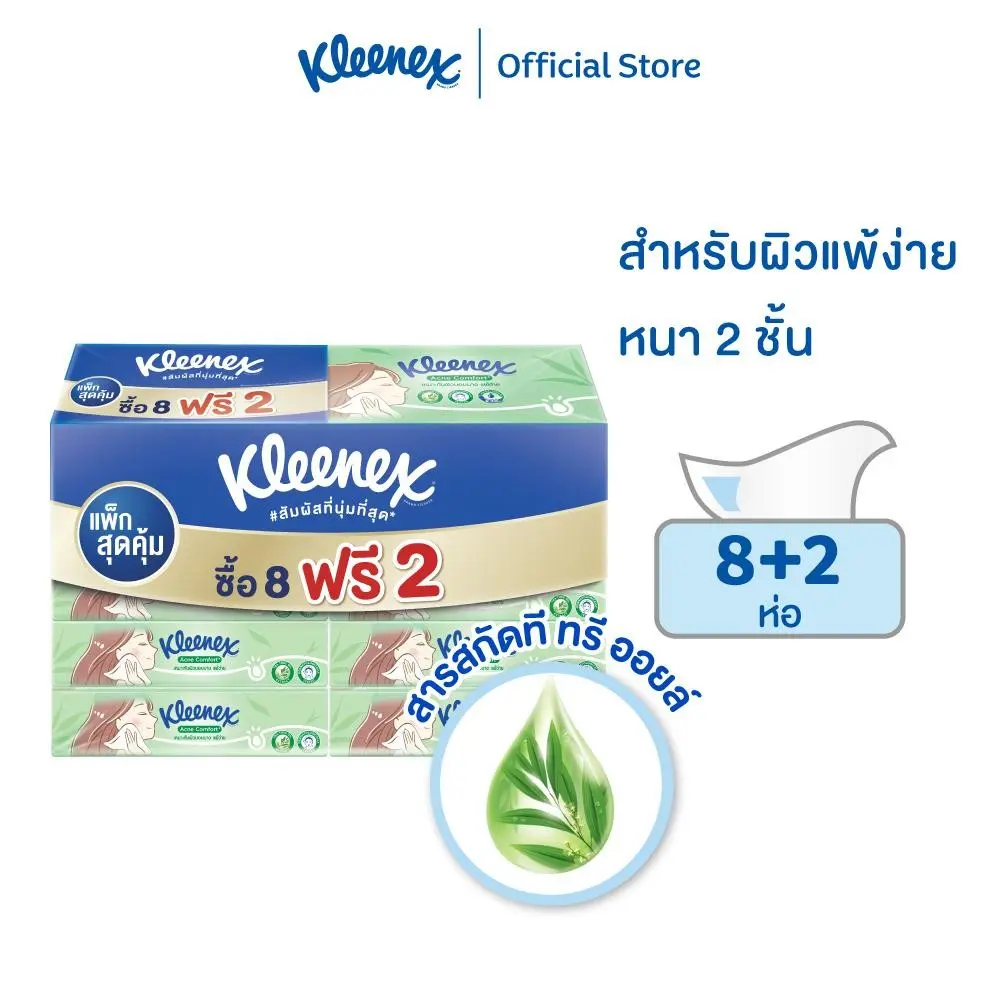 กระดาษเช็ดหน้า คลีเน็กซ์ แอคแน่ คอมฟอร์ท ซอฟท์เคส แพ็ก 8+2 ห่อ (ทิชชู่ ทิชชู่เช็ดหน้า ทิชชู่ยกแพ็ค ส่งฟรี)(เลือกจำนวนแพ็กด้านใน)