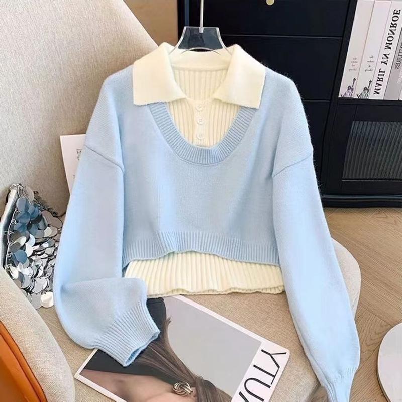 Vòng Cổ Polo, Phong Cách Hàn Quốc, Bộ Đồ Áo Vest Áo Chui Đầu Đồ Len Bộ Đồ Hai Mảnh, Hàng Mới Về Mùa Thu Và Mùa Đông 2024, Áo Trên Nữ Women Top 3