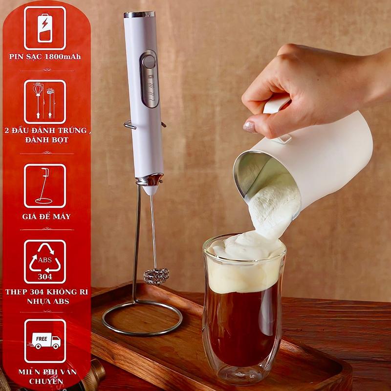 Máy tạo bọt Cafe tặng kèm (Kệ Giá Đỡ + Đầu đánh trứng). Máy Đánh Bọt Cafe Mịn có giá đỡ tiết kiệm không gian nhà bạn.