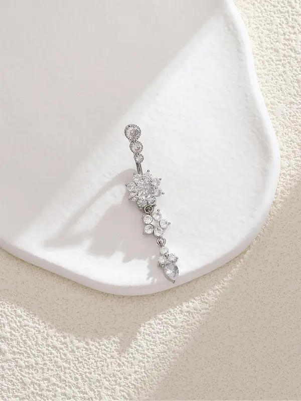 Women's Rhinestone Flowers Decor Belly Ring, Rhinestone Decorated Belly Button Ring, Elegant Flower Design Belly Piercing For Women 3