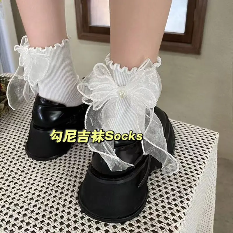 2025 Japanese Sweet Mesh Bowknot Socks for Women Spring Summer Heart Beaded Lolita Cute JK Student Slouch Socks