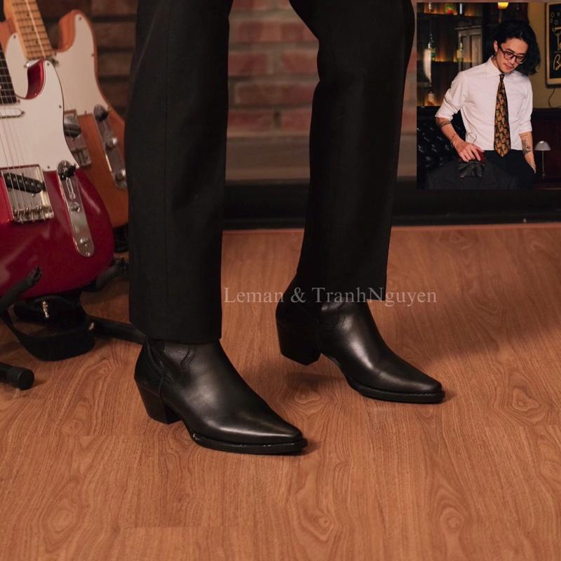 Santiago Boots Da Bò Bangladesh Đế Gỗ 6cm Mũi Vuông Leman Màu đen nam Chelsea Boots Boots Giày Tặng đế tăng chiều cao 3cm Len