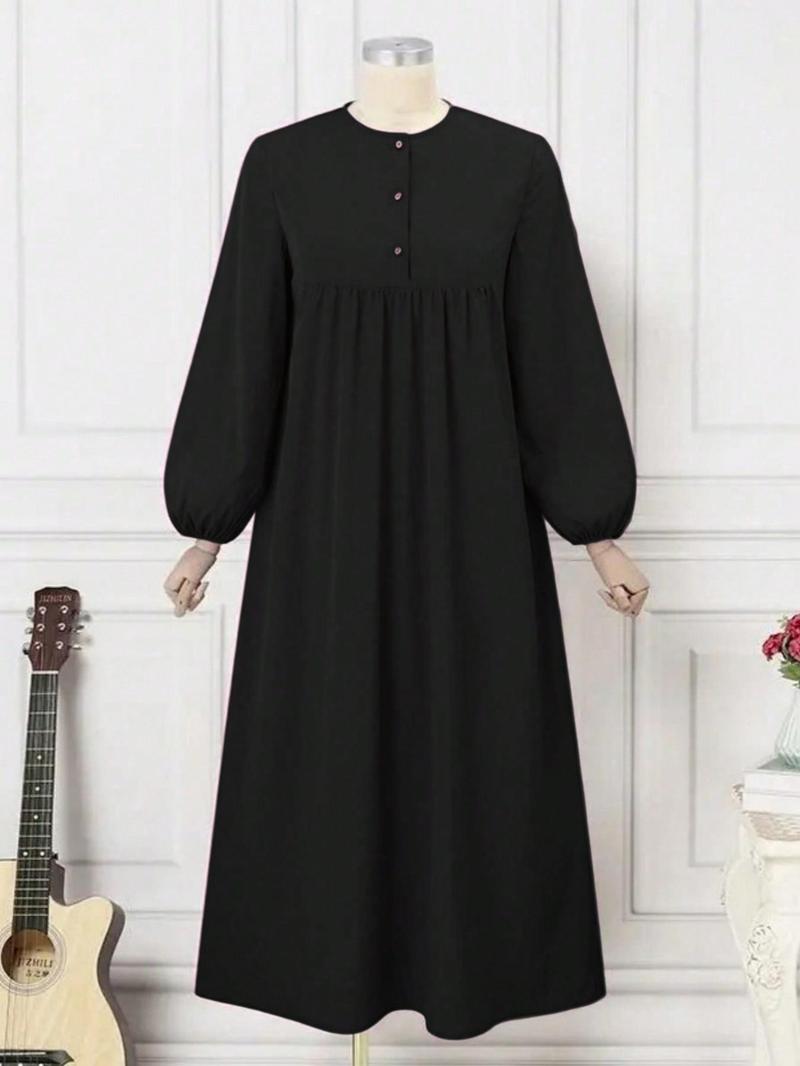Product Introduction of Women's Plain Plicated Button Dress, Casual Bishop Sleeve Round Neck Long Dress for Daily Wear, Ladies Clothes for All Seasons 3
