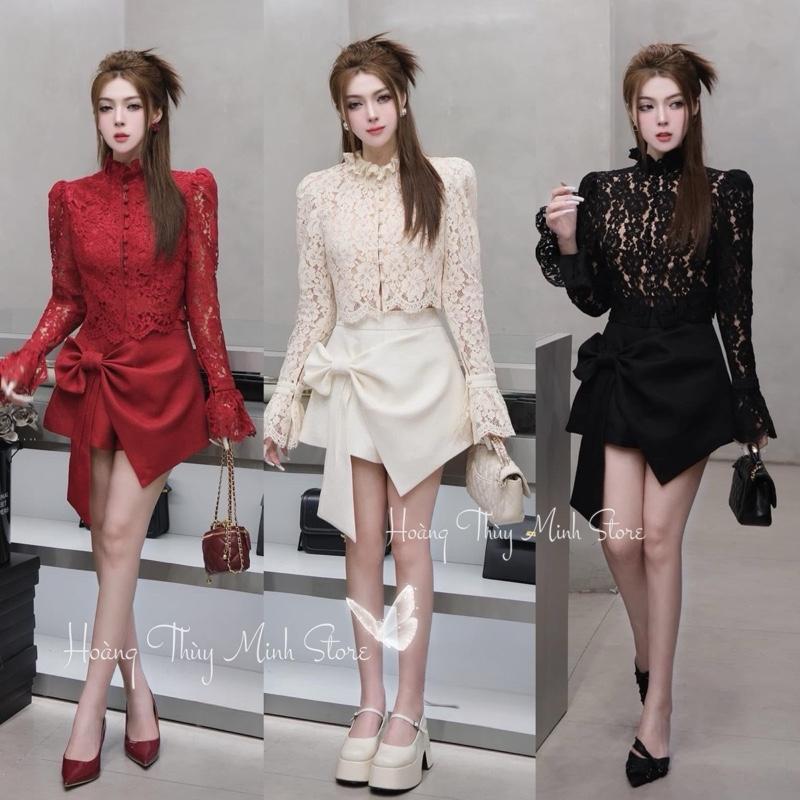 E2 -Set Áo Phối Ren Cổ 2P Tay Loe Nút Ngọc Trai (2 Lớp) - Chân Váy Vạt Chéo Nơ To Đi Tiệc, Dạo Phố, Tiểu Thư Sang Trọng Cao Cấp