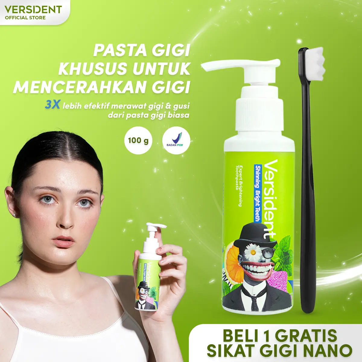 PROMO 1 JAM VERSIDENT (FLASH SALE) - Beli 1 Bonus 1 Sikat Gigi - Pasta Gigi Pemutih, Penghilang bau mulut