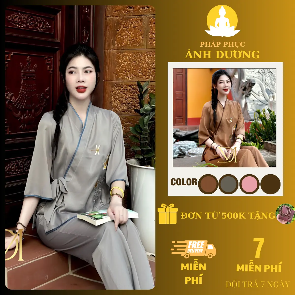 Bộ Đi Chùa Lụa Trượt Áo Thêu Chuồn Chuồn Ghi Nâu Hồng, Mã P56