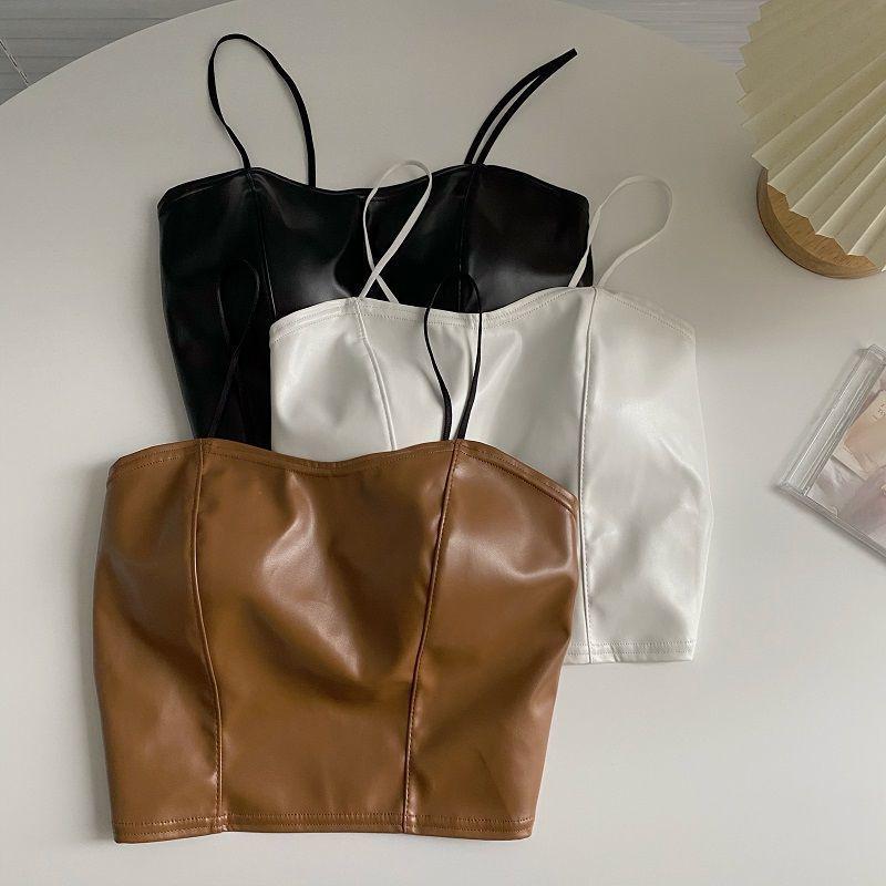Product Introduction of European and American hot girl PU leather jacket, camisole, small vest, women's autumn outfit with chest cushion, short base shirt, top Lingerie Tube Lady Basic Minimalist Spaghetti Strap 2