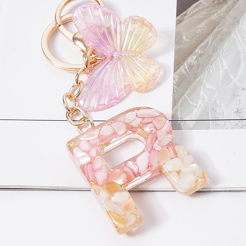 Product Introduction of [QQQ]Pink Dream Butterfly 26 Letters A To Z Resin Keychain 26 Initials White Stone  Leaf Pendant Keyring Backpack Charm Bag Decor 20