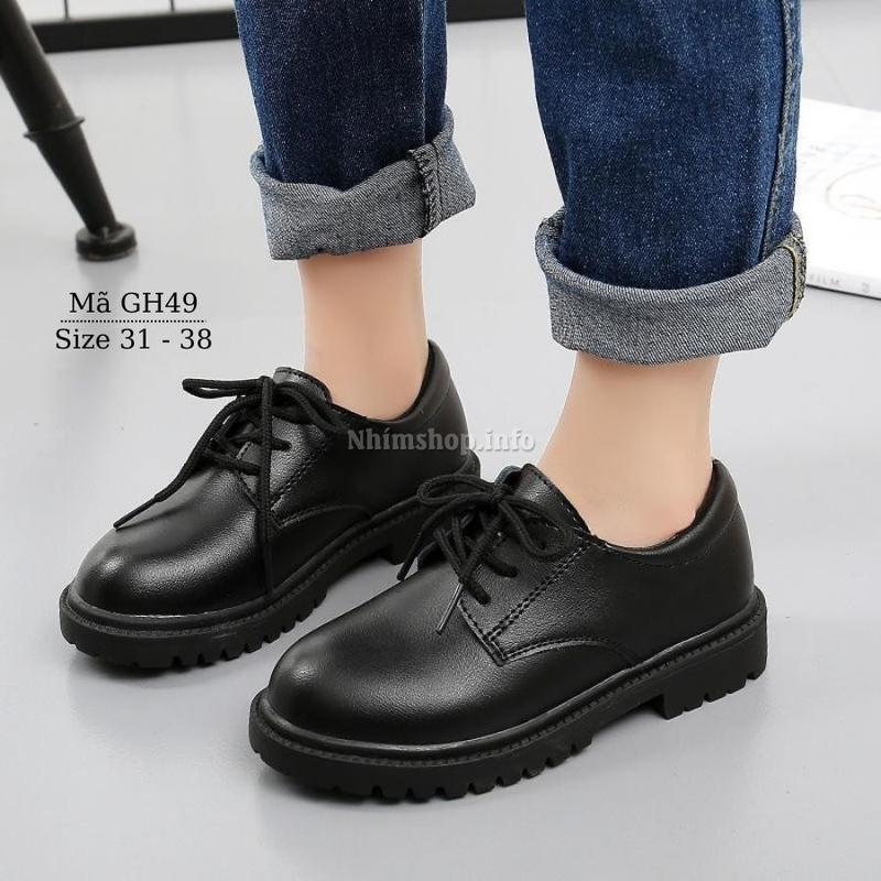 Giày da màu đen thể thao cho bé trai 5 - 12 tuổi cột dây dáng giày tây oxford phong cách đi học mặc vest thời trang GH49