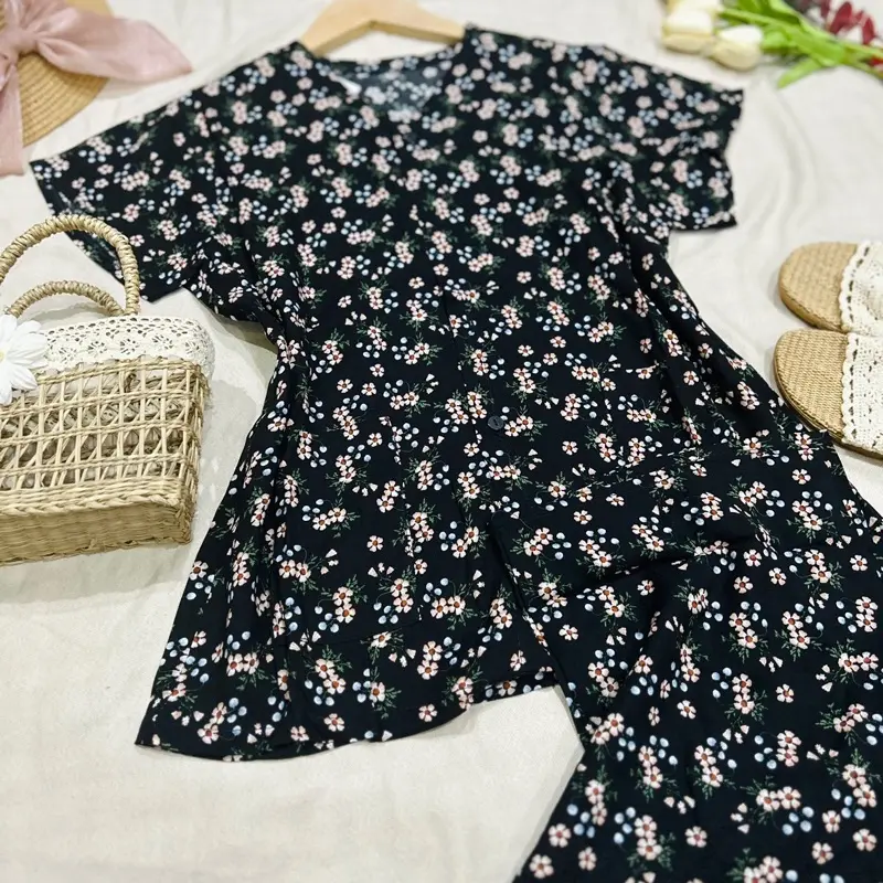 lanh Tole cho Bà- Kiểu áo bà ba tay lửng- có cúc đóng - 2 túi  đồ bộ nữ