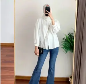 Elze Blouse polos crinkle airflow kemeja cewek outfit wanita lengan Balon Hitam Putih atasan top baju Kain Oversize Formal Nyaman