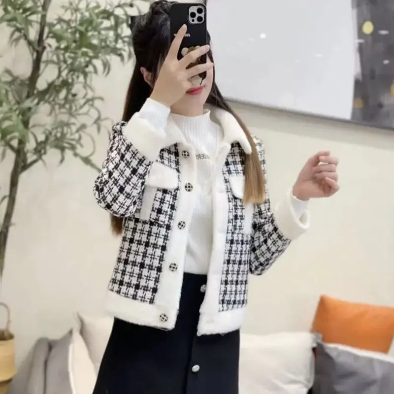 Áo Khoác Độn Bông, Dài Trung Bình Dày Lót Lông Cừu, Dành Cho Nữ, Giả Cashmere, In Hình Thời Trang Hàn Quốc, Thích Hợp Cho Mùa Thu Và Mùa Đông, 2023