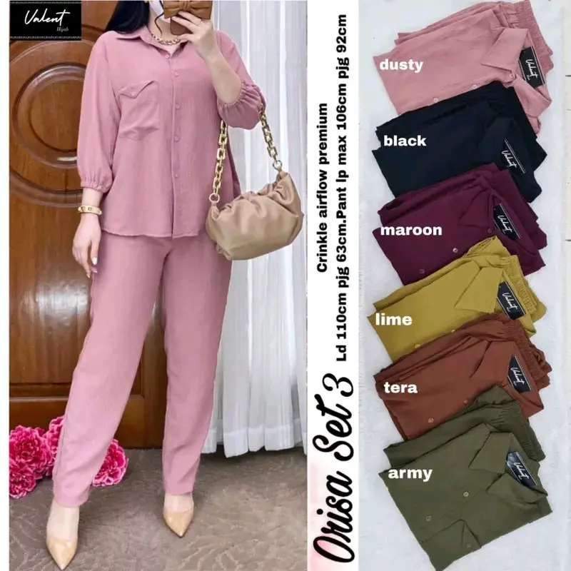 Setelan Orisa Saku Bahan Cringkle/Daily One Set Wanita Airflow Kancing Muslim Celana Panjang Crinkle Kulot Atasan