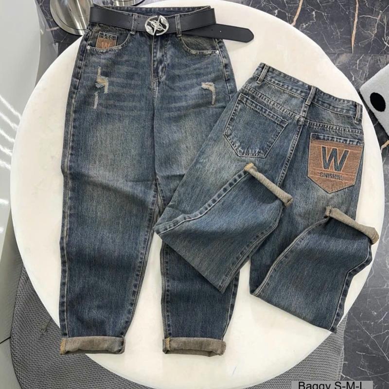 JEANS (203) QUẦN JEANS BAGGY CẠP LƯNG CAO MẶT TRƯỚC PHỐI RÁCH XƯỚC CHẤT JEANS COTTON MỀM MỊN JEANS QC CAO CẤP NỮ 3