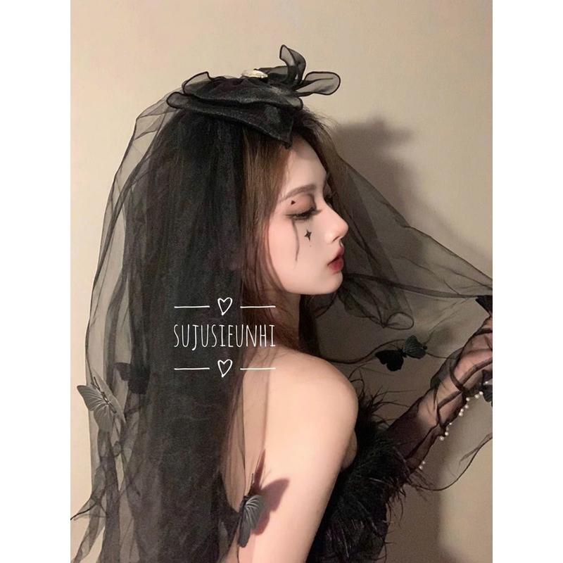 Khăn voan lúp cài đầu hình nơ trái tim gắn bướm đen hoá trang cô dâu phụ kiện tóc halloween huyền bí Hoa 4
