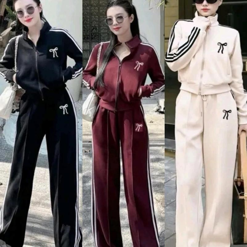 Set bộ nữ quần ống xuông mix áo khoác, hoạ tiết sọc phối nơ thêu