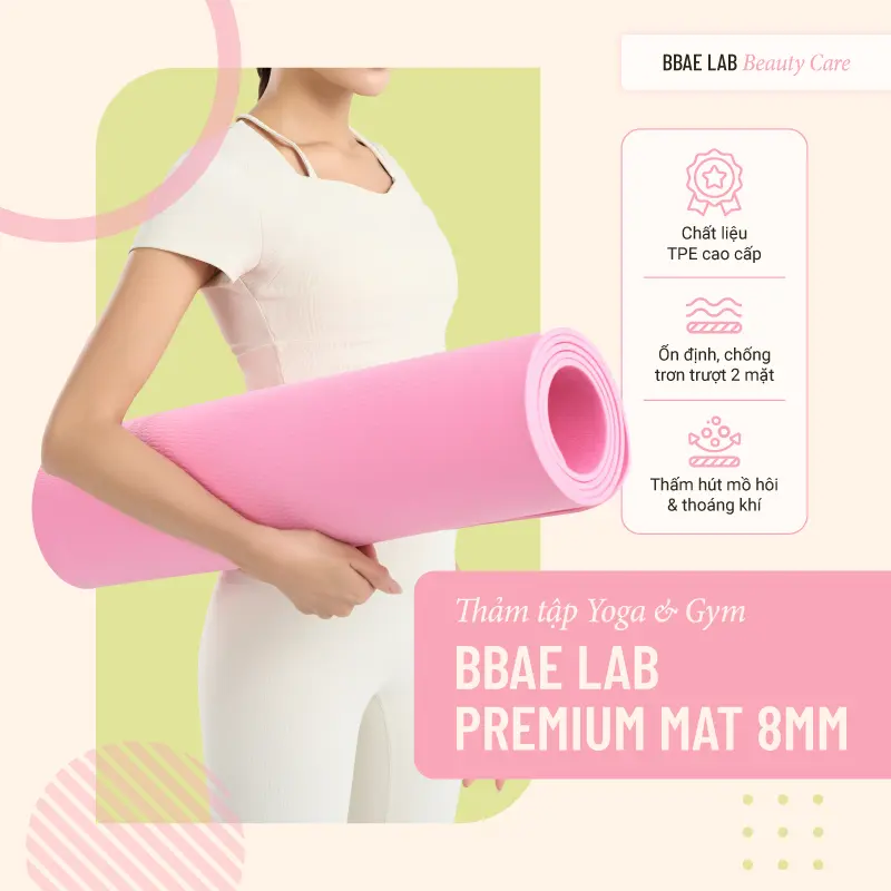 Thảm tập yoga, gym BBae Lab Premium Mat 8mm TPE định tuyến chống trơn trượt, chống thấm, kháng khuẩn