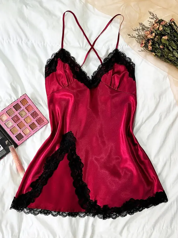 Women's Contrast Lace Criss Cross Bow Back Satin Cami Nightdress, Silky Naughty Lingerie, Night Gown for Women, House Dress for Women, Elegant Spaghetti Strap Split Hem Backless Night Gown, Ladies Summer Sleepwear & Loungewear, Pyjamas for Women 0
