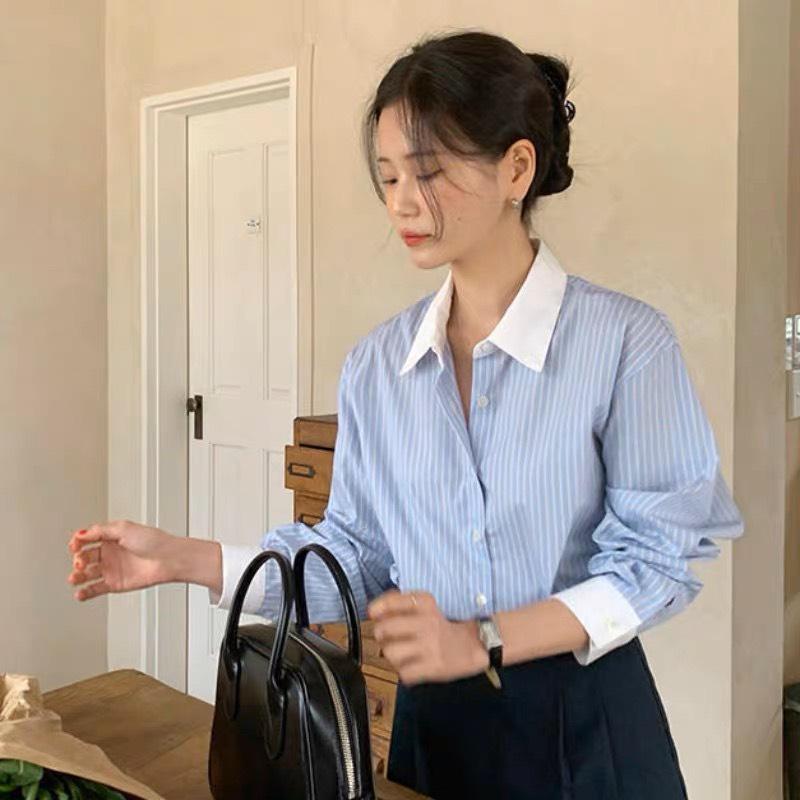XẢ KHO NGHỈ BÁN Áo sơ mi nữ kẻ sọc phối FORM RỘNG kẻ xanh kẻ đen kẻ trắng chất đẹp dài tay vintage hàn quốc cao cấp kozoda SM111 Top Cổ Tròn