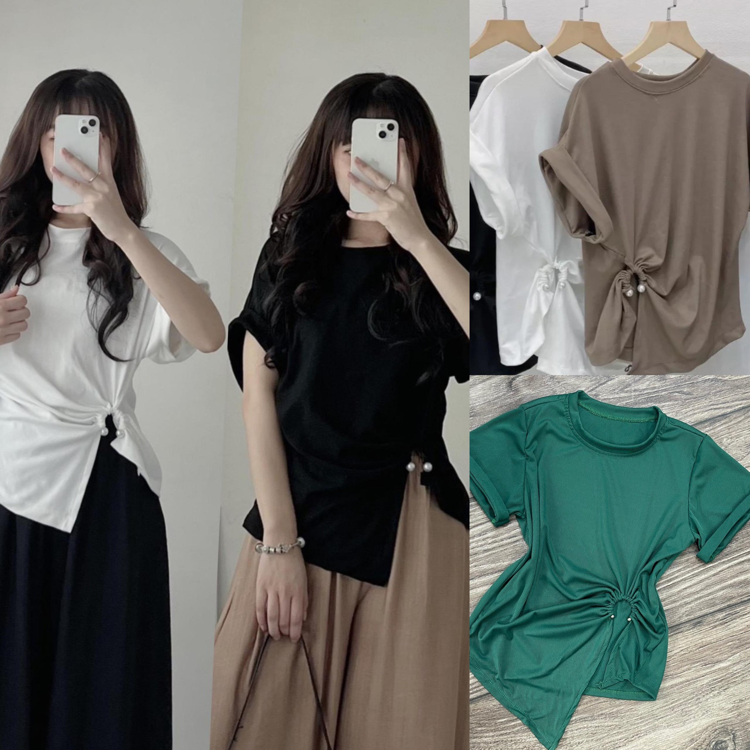 Thời Trang Bigsize Áo Thun Dây Rút Vải Thun Tăm Lạnh QC 50 - 100Kg Dễ Thương Top Nữ Cổ Tròn Đen Women - B.1187