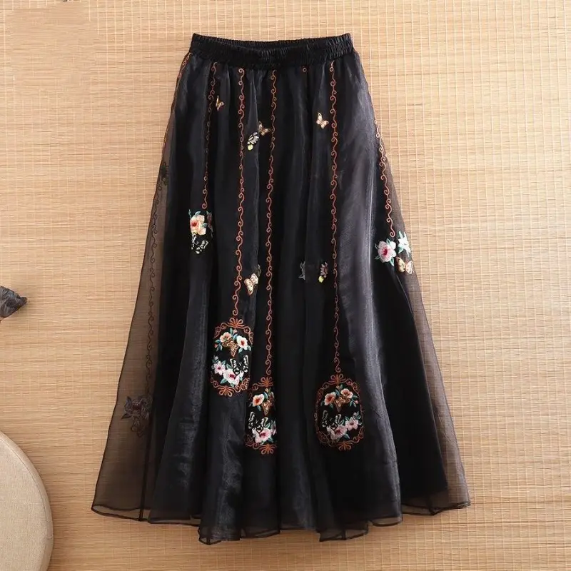 Váy Dài, Dáng Rộng Vừa Vặn, Thêu Cổ Điển, Váy Cổ Tích Váy Chữ A, Phong Cách Cổ Điển Trung Quốc Mới, Váy Nửa Cho Nữ
