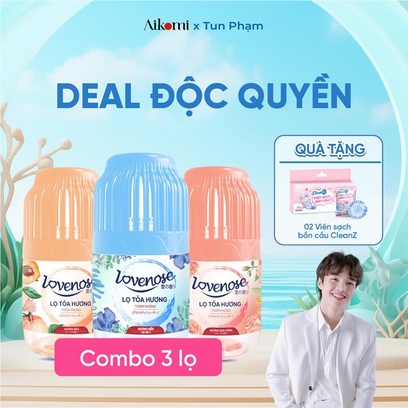   AIKOMI x TUN PHẠM  Combo 3 lọ toả hương Lovenose: Biển + Đào + Hoa Hồng Tặng 2 viên sạch CleanZ Dầu Thơm Phòng 