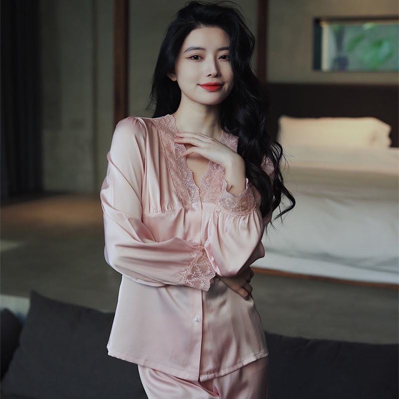 Đồ bộ cổ V ren viền cổ, tay dài nút ngọc chất liệu lụa latin mát min siêu xinh Áo Nữ Women Kem Trắng Top