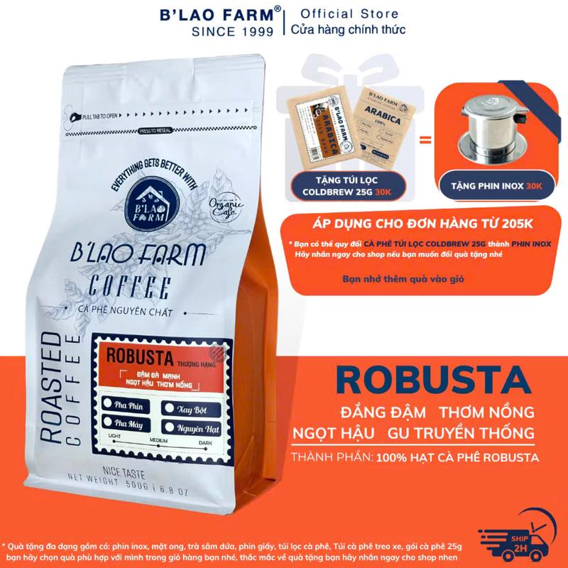 Cà phê ROBUSTA truyền thống rang mộc nguyên chất B'Lao Farm coffee đặc sản vị đắng đầm thơm trái cây chín hậu ngọt c1 túi zip.