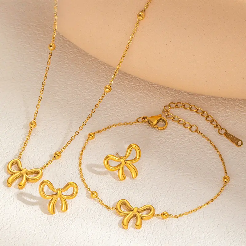 316L Stainless Steel Bowknot Lucky Beads Necklace Bracelet Earring For Women Simple Sweet Jewelry Set Gifts Wedding