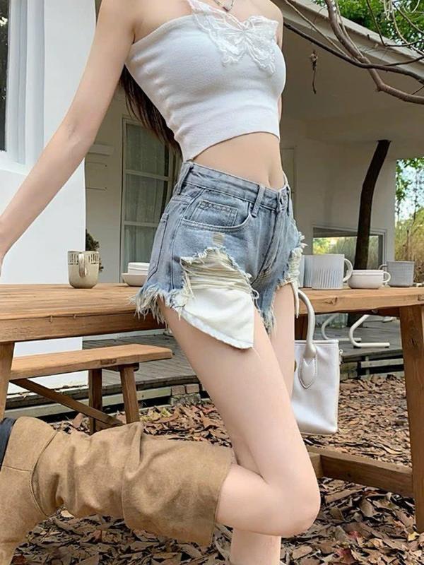 Quần short jean nữ túi lồi tua rua rách gấu màu xanh bụi [CHĂMCHĂMM65] Women quân  shortnữ quan 4