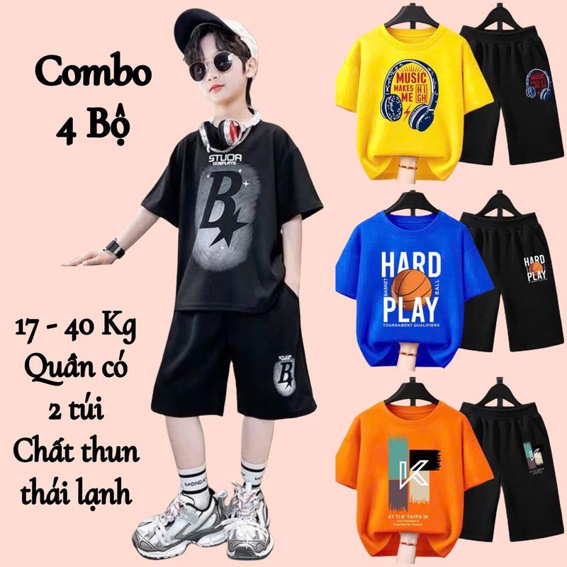 Combo 4 Bộ quần áo bé trai mùa hè size đại từ 17 đến 40kg, chất thun co giãn, mềm mát, phong cách Hàn Quốc cho bé trai từ 5 đến 14 tuổi, dáng quần đùi áo cộc tay thể thao. quần  áo đồ