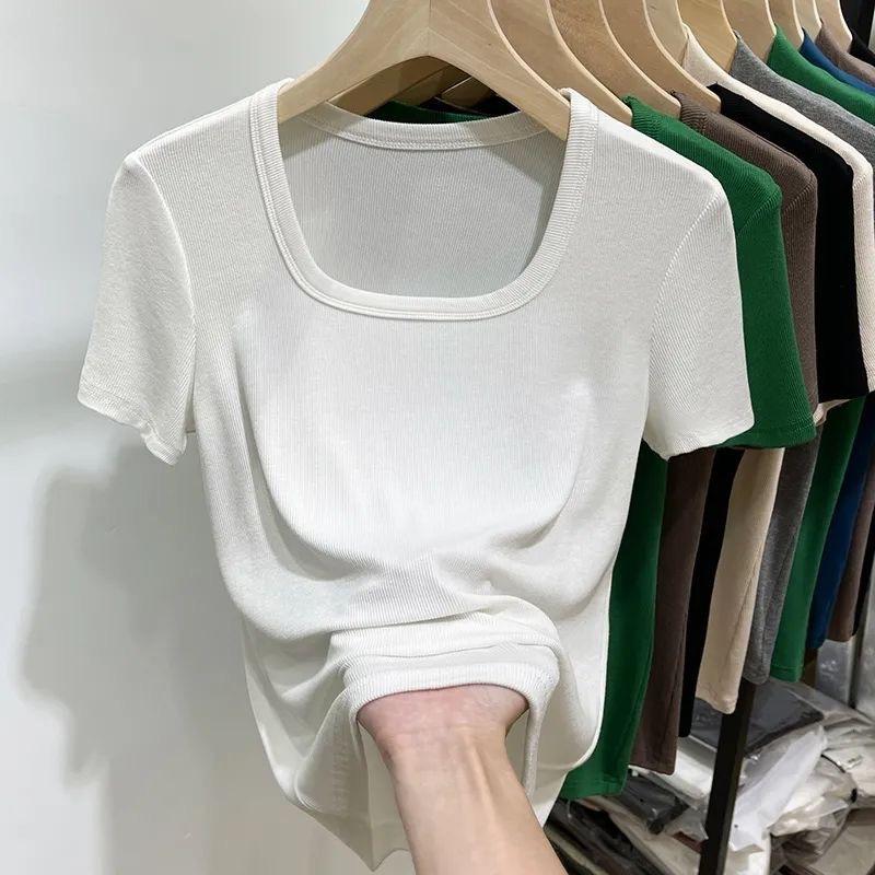 Product Introduction of Large Size Women's Korean-Style U-Collar Shoulder Striped Short-Sleeved T-shirt Women's Summer Fat Sister Versatile Belly Covering Short Top 7