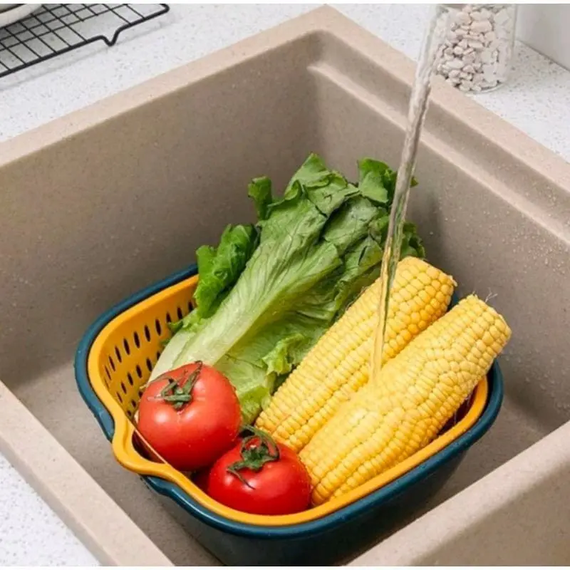 Keranjang Wadah Cuci Buah Sayur 2 Layer Drain Basket Baskom Serbaguna 1