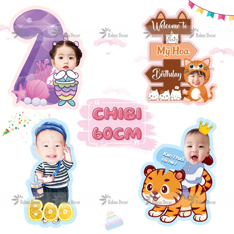 [Size 60cm] In ảnh chibi kèm tên, cột số tuổi, cây chào mừng kèm chibi size 60cm trang trí sinh nhật cho bé trai và bé gái