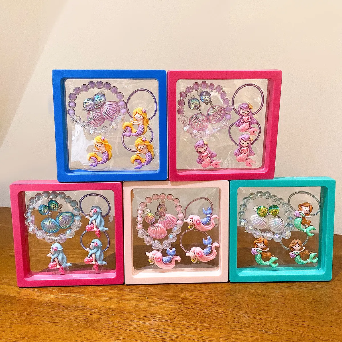 Cute Mermaid Kids Bracelet Set with Shell Ear Clips Mermaid Princess Hair Tie Gift Box for Kids New Trendy Mermaid Children's Accessories Set Stylish Mermaid Hair Accessories for Girls