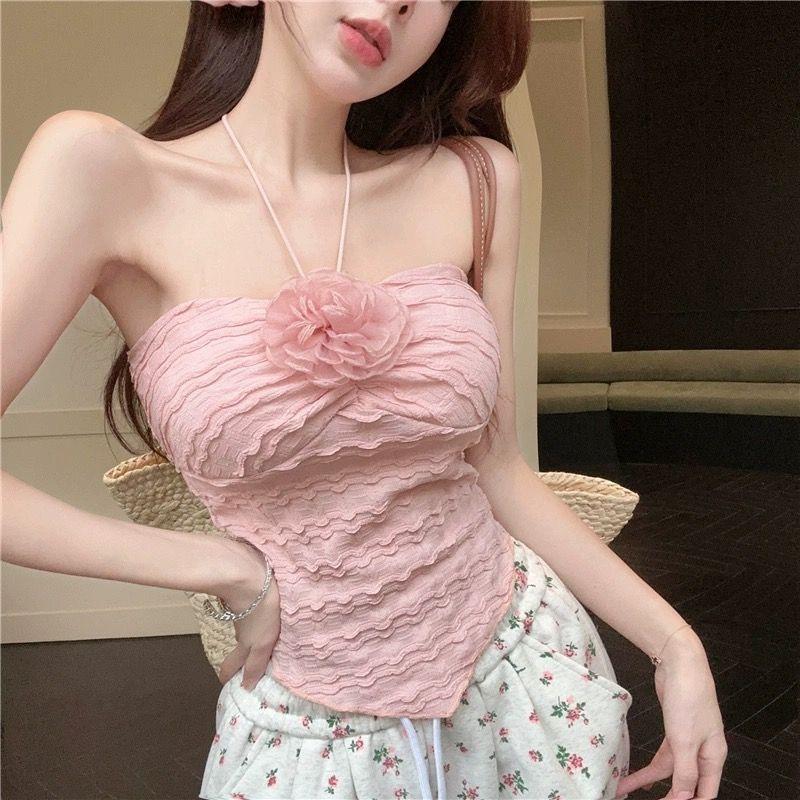 Product Introduction of Unique and unique three-dimensional flower hanging neck tank top, tight fitting irregular women's top 2