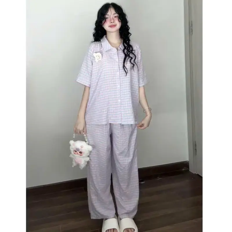 Bộ Ngủ Nữ  Tay Cộc Quần Dài , Bộ Pyjama Kẻ Caro Nhiều Màu Phong Cách Hàn Quốc Chất Đũi Nhăn Mịn Mát ( Kèm Charm ) 5