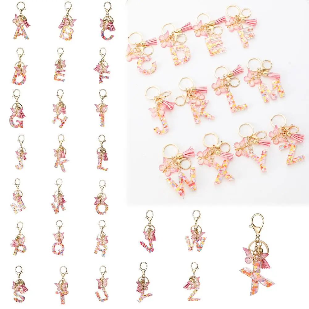 1Pcs Fashion Pink 26 Letter Keychains Sequin Filled A-Z Initials Resin Keyrings With Butterfly Pendant Friend Gifts Souvenir