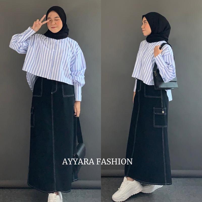 ROK JEANS CARGO LIST SKIRT WANITA ROK KARGO HIGHWAIST PANJANG 1