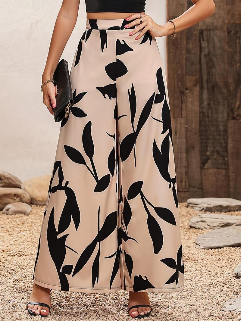 Product Introduction of Women's Leaf Print Elastic Waist Wide Leg Pants, Elegant High Waist Trousers for Summer, Women's Bottoms for Daily Wear 3