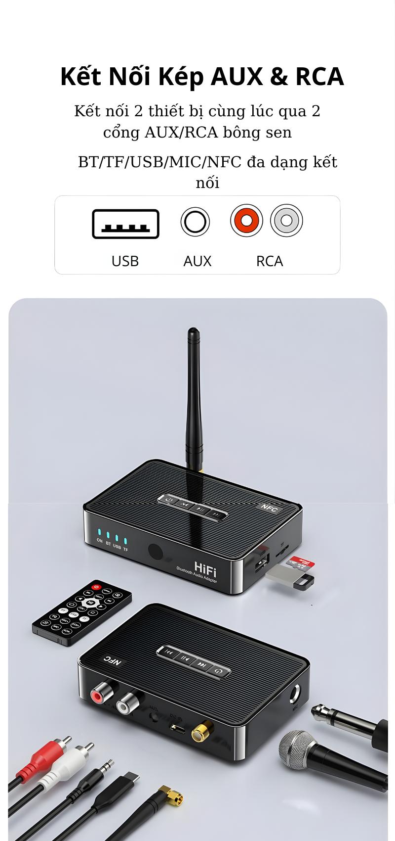 Bộ thu Bluetooth 5.1 âm thanh HIFI có cổng cắm mic hát karaoke chống hú, nghe nhạc USB thẻ nhớ, pin dùng 12 tiếng liên tục không cần cắm nguồn