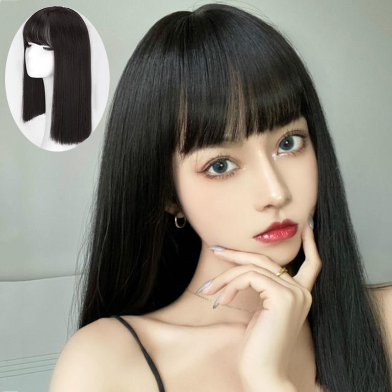 Rambut palsu hitam lurus panjang dengan poni rata, Alamiah, sintetik ...
