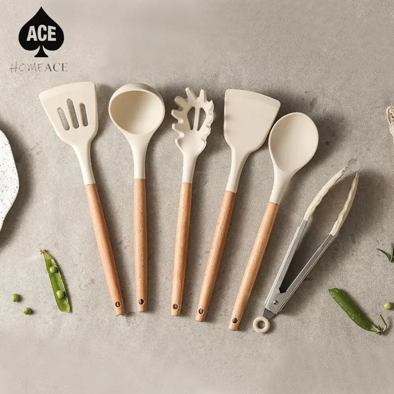 HomeAce Wooden Handle Slotted White Color Non-Stick Food Grade Silicone Kitchen Utensils