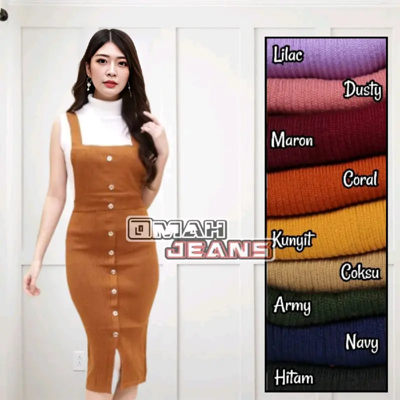 Overalls rok rajut  variasi kancing depan Gaun casual santai elegan oversize Wanita panjang sekitar lutut Brown 3