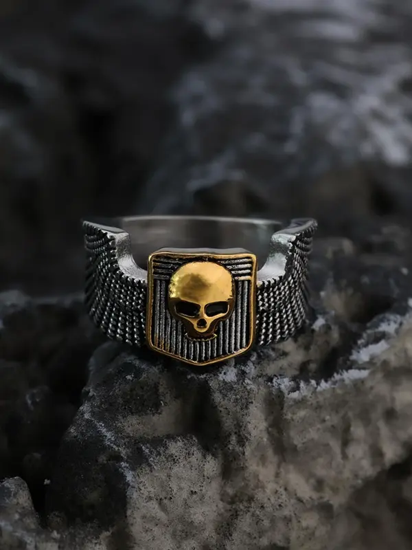 Vintage Stainless Steel Engraved Skull Wide Ring, Punk Fashion Accessories for Both Men & Women 2